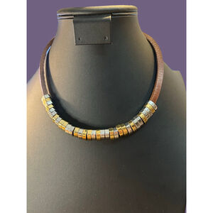 Women's J. Crew Leather & Metal Bead Necklace Brown/Gold One Size